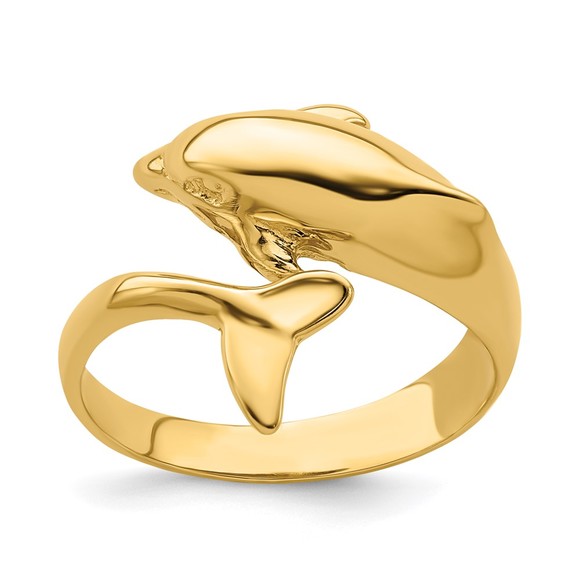14k Yellow Gold Polished Dolphin Nautical Sea Life Ring, Size 7 - Picture 1 of 6